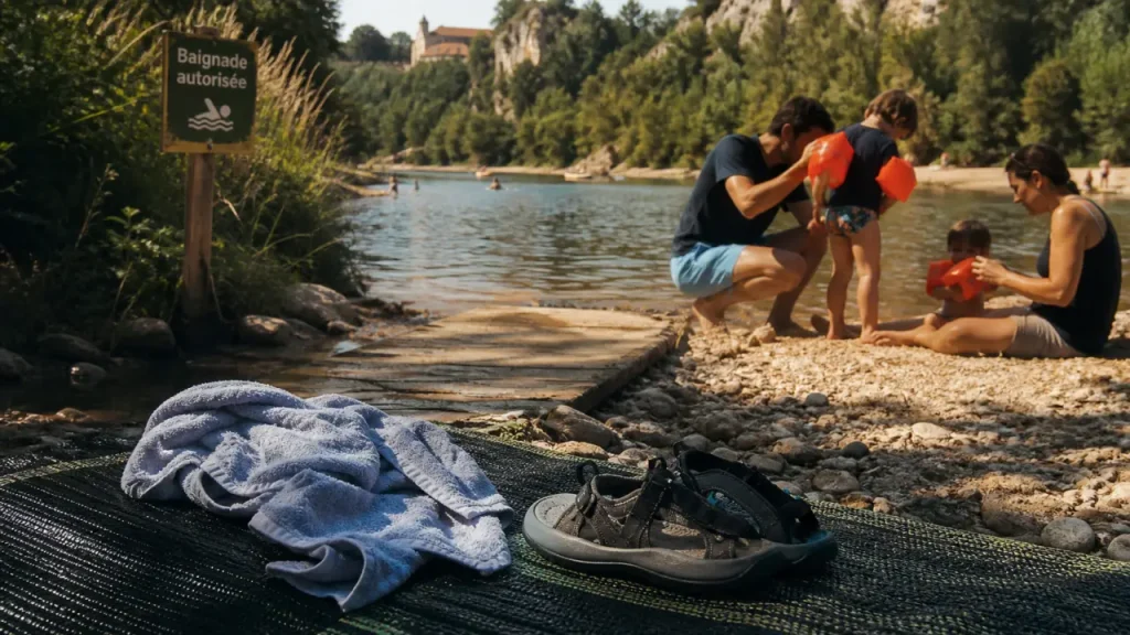 Baignade Dordogne : serviettes et chaussures sur une cale au bord de la rivière