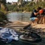 Baignade Dordogne : serviettes et chaussures sur une cale au bord de la rivière