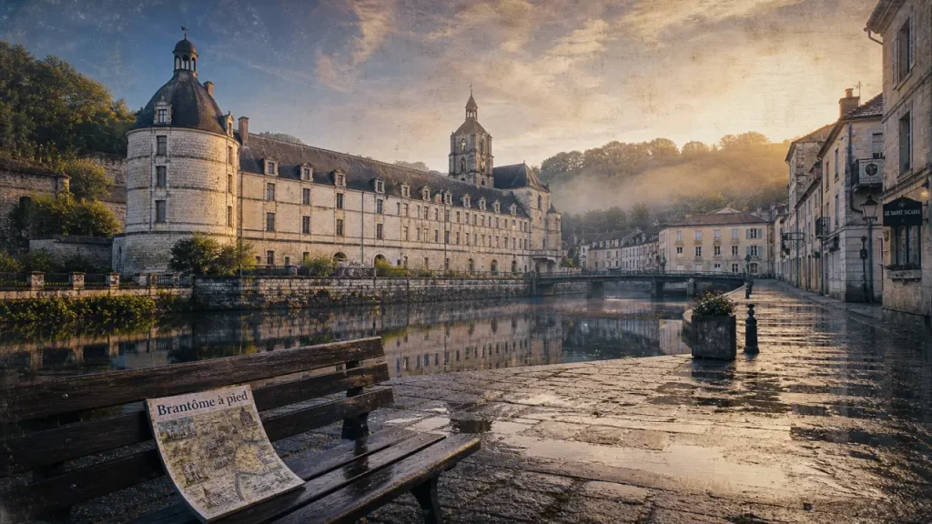 Brantôme en Périgord : l’abbaye au-dessus de la Dronne, matin brumeux