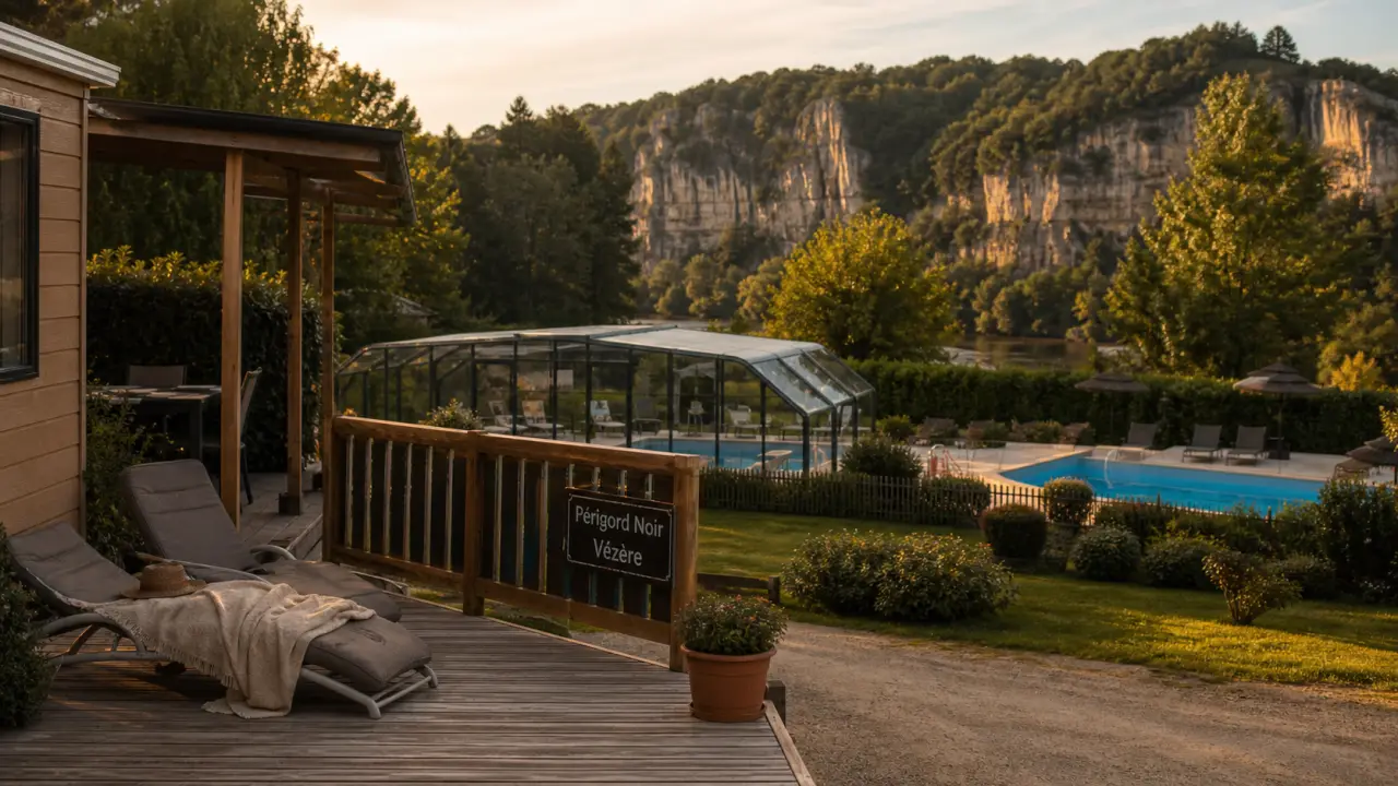 Camping dordogne périgord noir le vézère périgord tursac, piscine chauffée et mobil-home au coucher du soleil