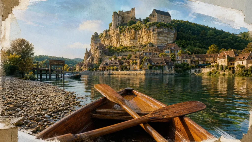 Canoe en Dordogne à La Roque-Gageac, pagaies et galets