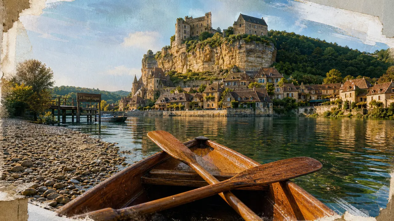 Canoe en Dordogne à La Roque-Gageac, pagaies et galets