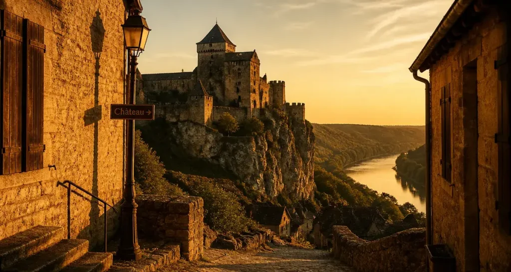 Castelnau perigord noir, ruelle pavée vers le château et la Dordogne