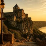 Castelnau perigord noir, ruelle pavée vers le château et la Dordogne