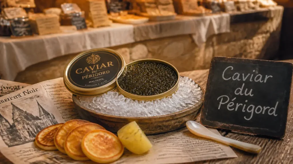Caviar perigord noir sur glace, boîte ouverte et blinis sur table