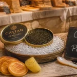 Caviar perigord noir sur glace, boîte ouverte et blinis sur table