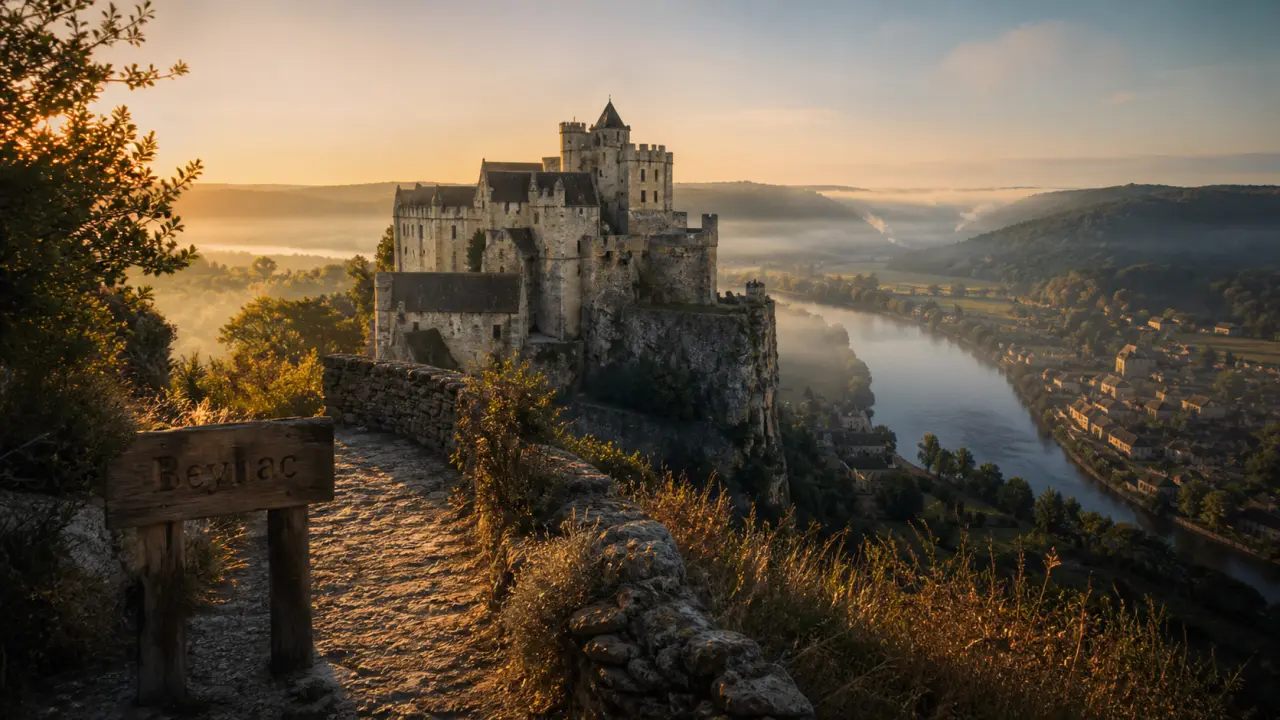 Chateau perigord : Château de Beynac sur la Dordogne, au lever du jour