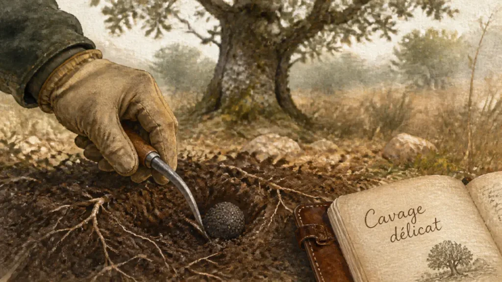 Comment trouver la truffe : cavage délicat sans abîmer le sol, main gantée et terre brune sous chêne