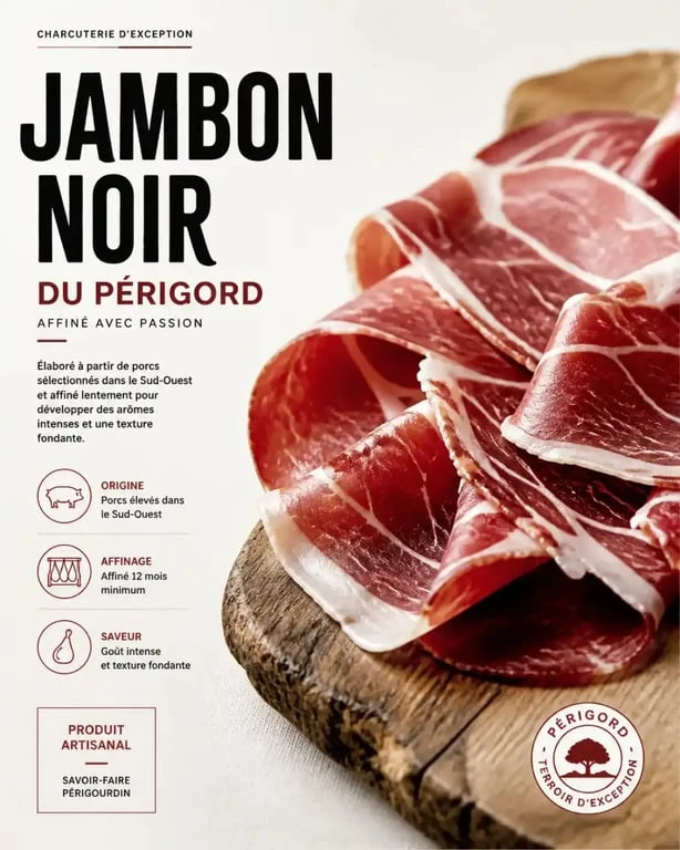 Tranches fines de jambon noir du Périgord sur une planche en bois, mettant en valeur le persillé et la qualité de la viande.