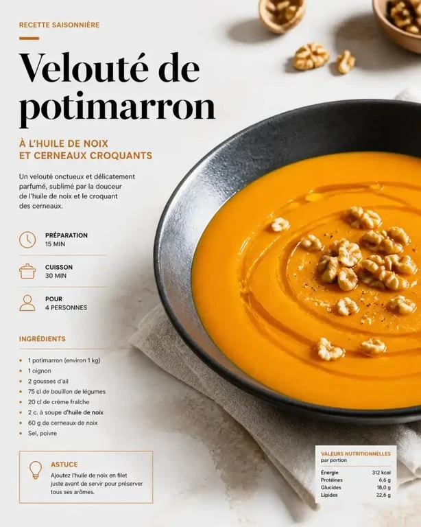Velouté de potimarron agrémenté d'un filet d'huile de noix du Périgord noir