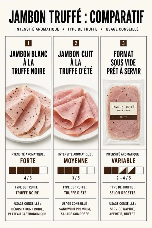 Comparaison du jambon truffé selon la truffe, le format et l’usage