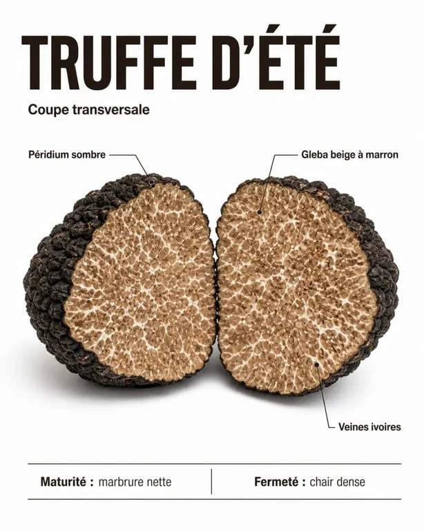 Truffe d ete coupée montrant le péridium sombre et la gleba veinée
