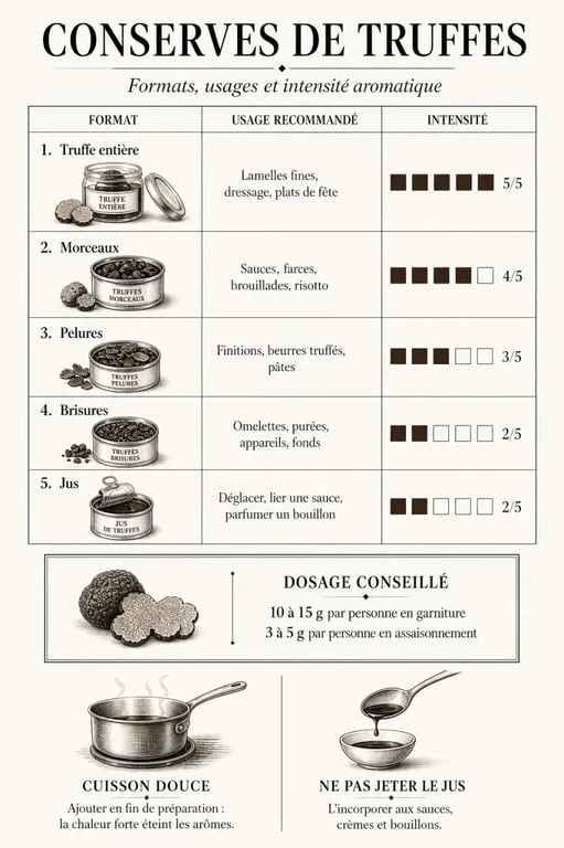 Conserves truffes : infographie des formats, du dosage et des usages culinaires