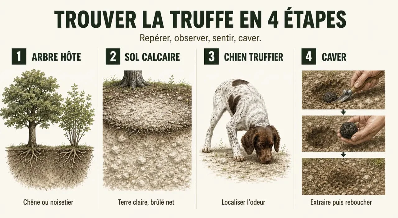 Comment trouver la truffe : schéma des arbres hôtes, du sol calcaire, du chien truffier et du cavage délicat