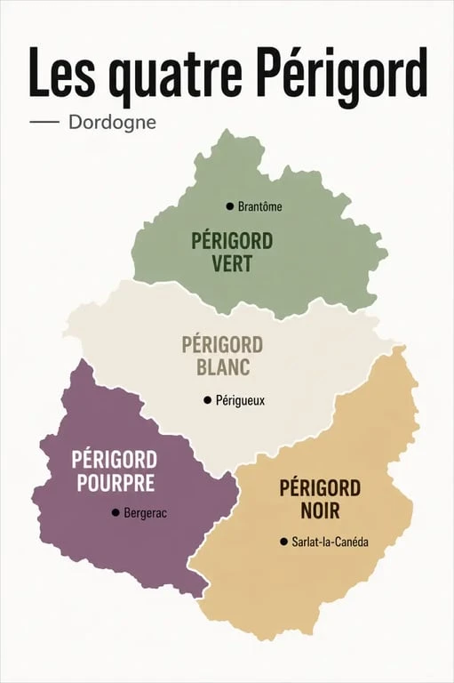 Combien de périgord en dordogne : carte des quatre Périgords colorés en Dordogne