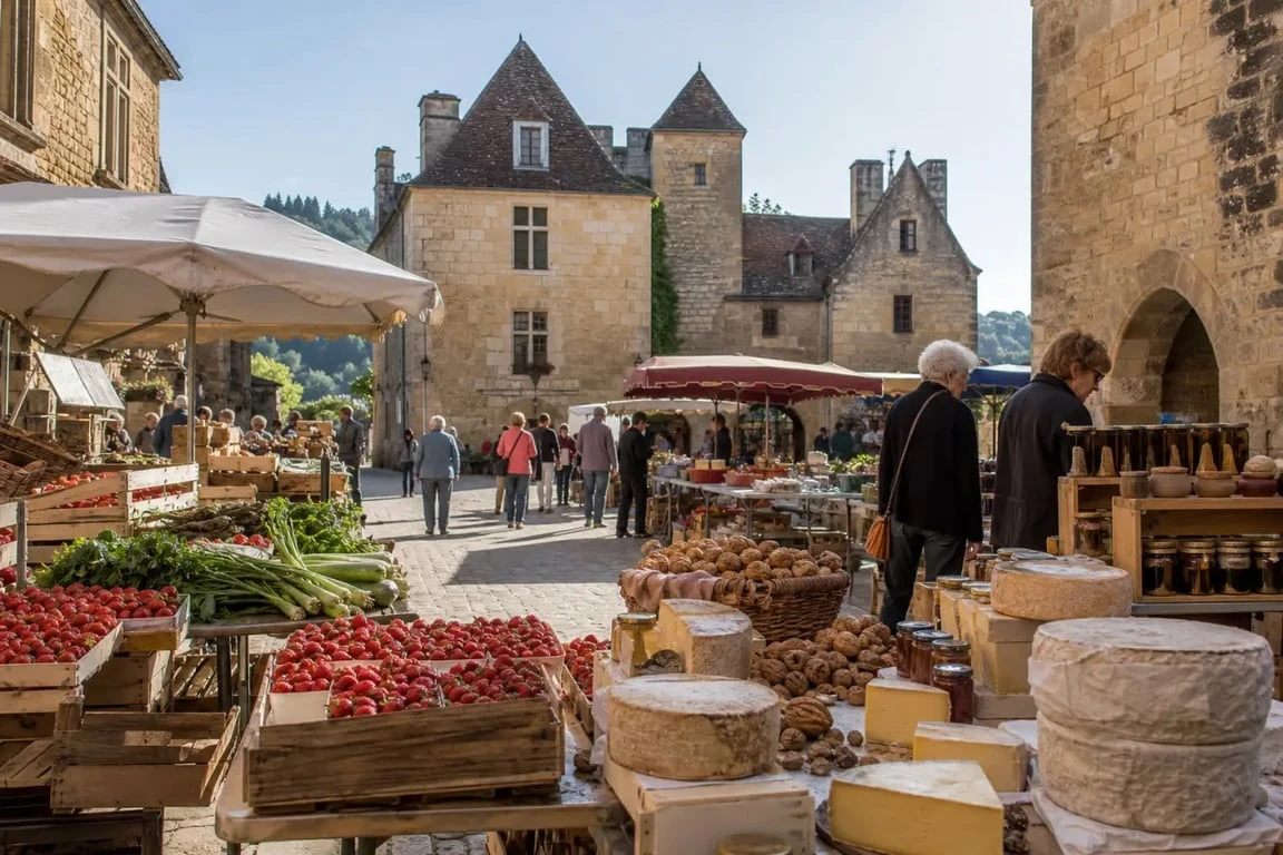 Marché perigord noir dans un village de pierre, étals de produits du terroir et ambiance matinale