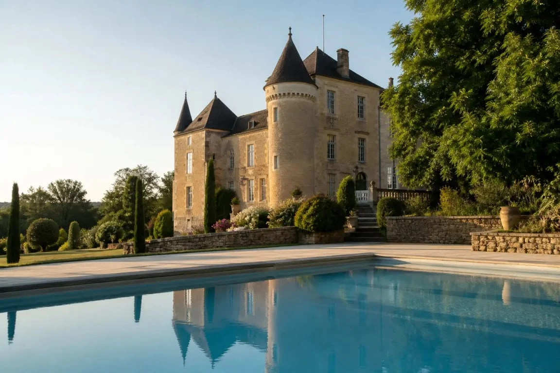 Château de Villars Dordogne Périgord Vert : vue du domaine avec piscine chauffée