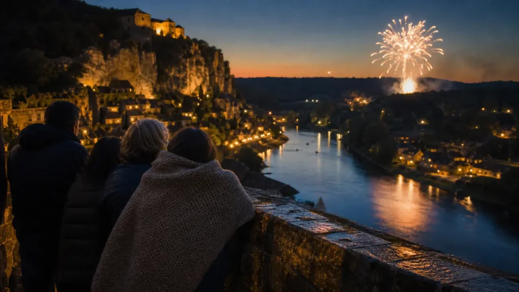 Feu d'artifice perigord noir au-dessus de la Dordogne