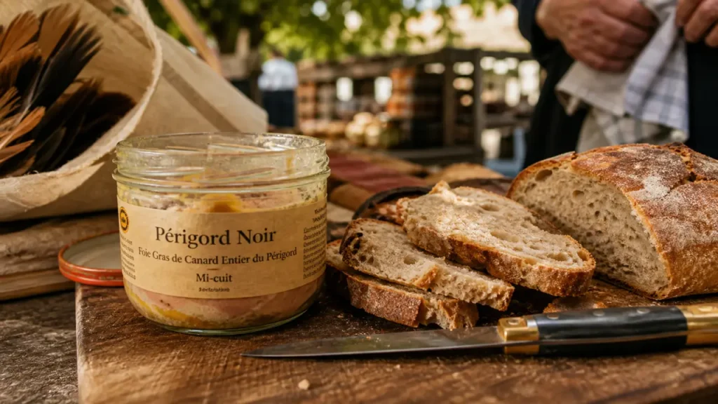 Foie gras du perigord noir : bocal mi-cuit étiqueté au marché de Dordogne, pain et couteau