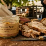 Foie gras du perigord noir : bocal mi-cuit étiqueté au marché de Dordogne, pain et couteau
