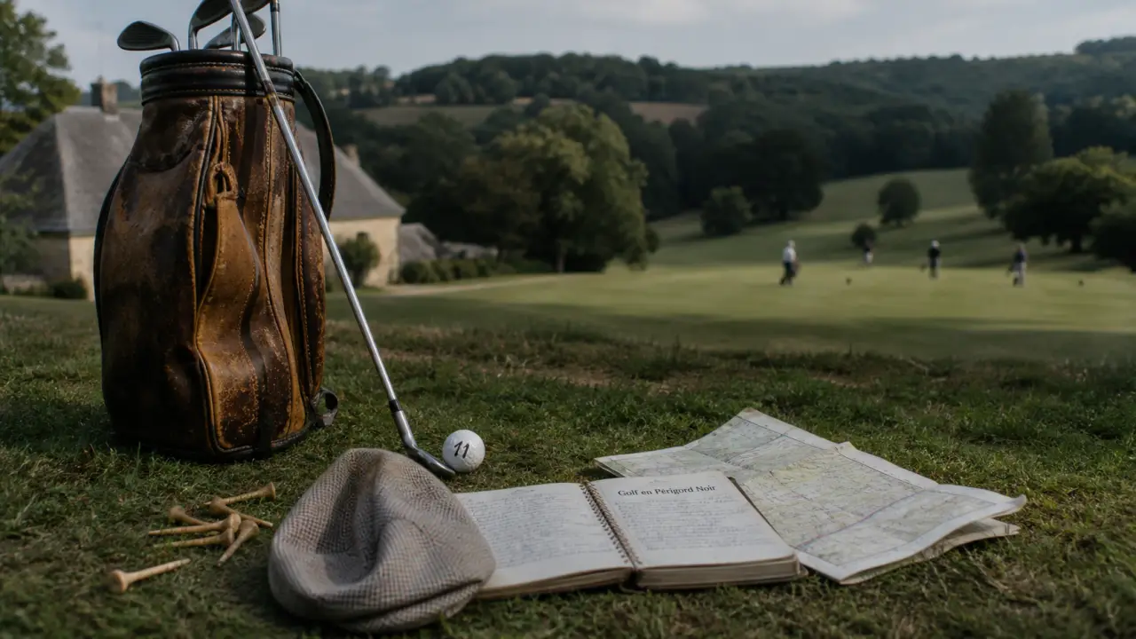 Golf La Marterie en Périgord Noir : sac de golf et tees sur l’herbe