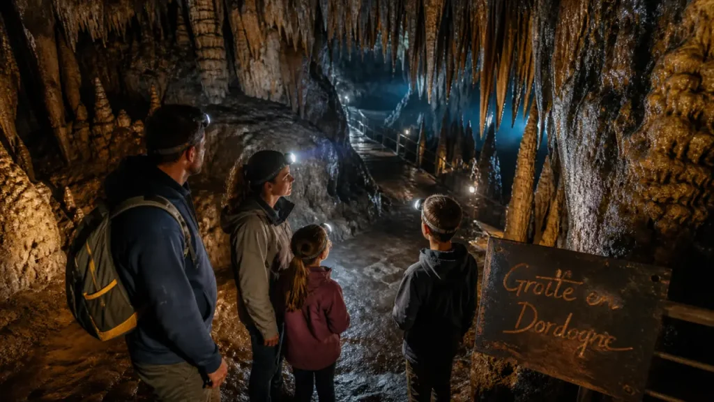 grotte dordogne : intérieur avec lampes frontales et gouffre