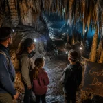 grotte dordogne : intérieur avec lampes frontales et gouffre