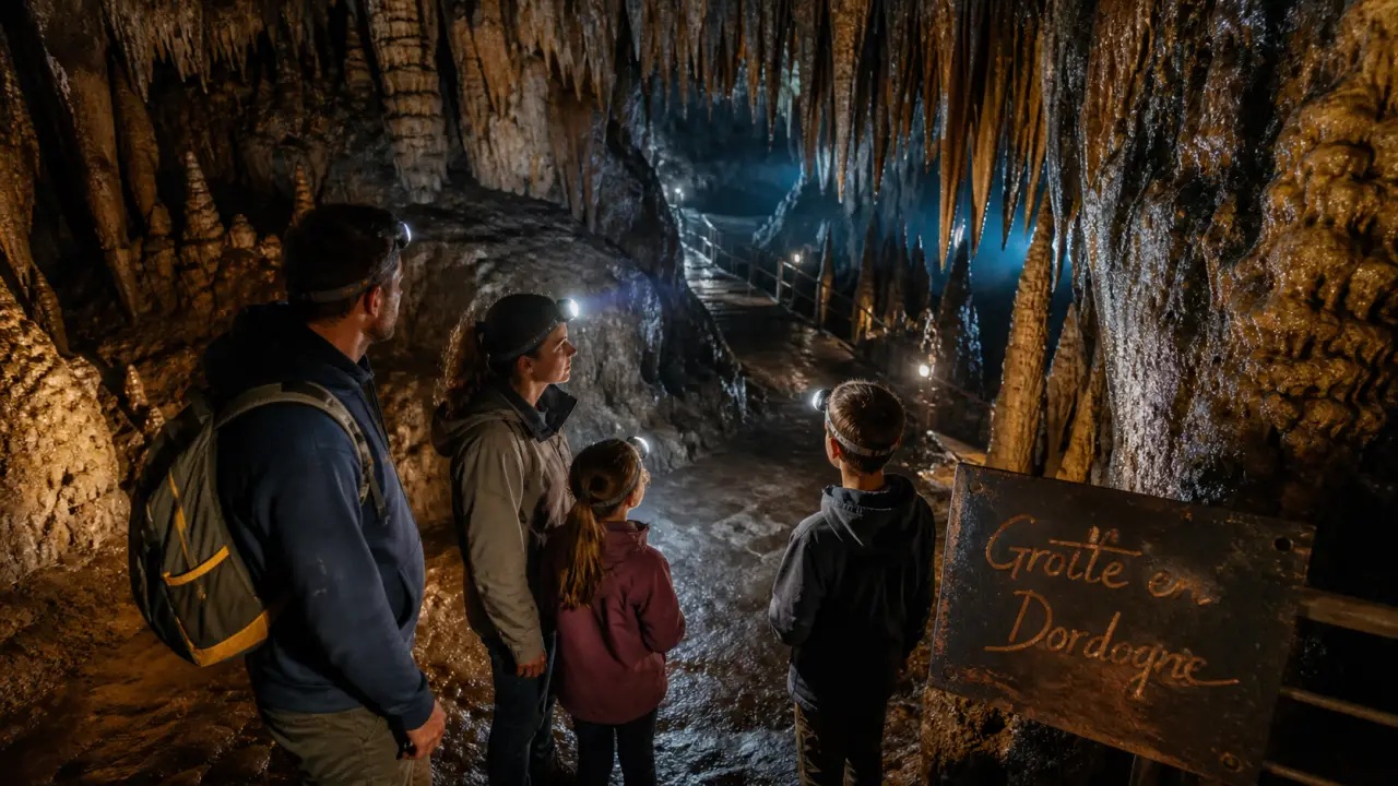 grotte dordogne : intérieur avec lampes frontales et gouffre