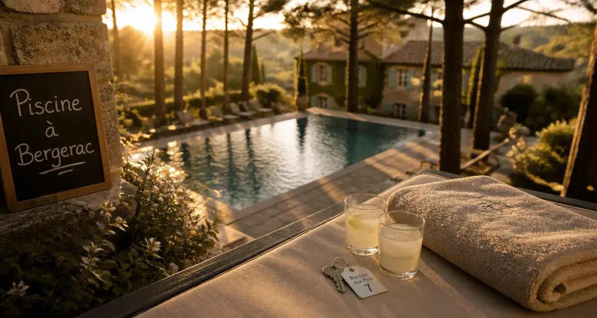 Hotels bergerac avec piscine extérieure, vue terrasse au coucher du soleil