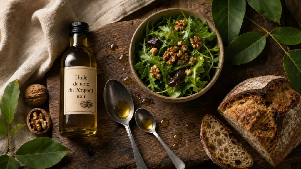 Huile de noix perigord noir sur salade et fromage