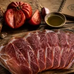 Jambon noir du perigord en fines tranches, gras nacré et pain au levain
