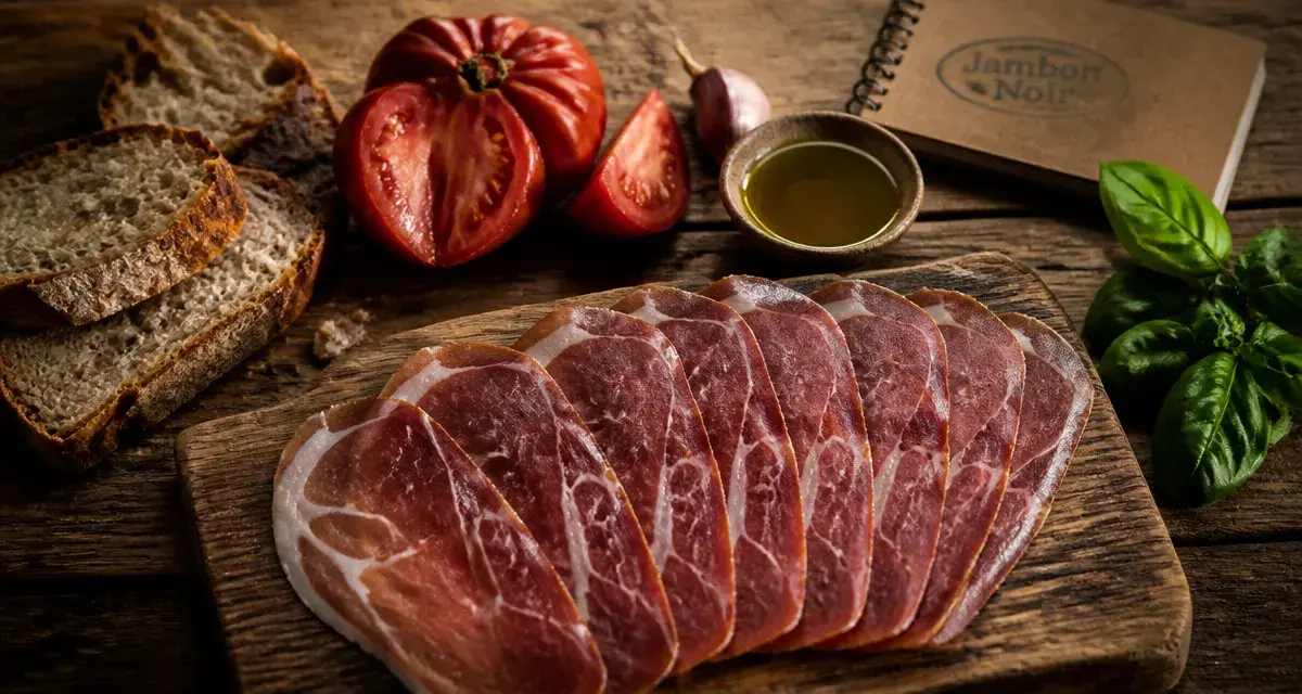 Jambon noir du perigord en fines tranches, gras nacré et pain au levain