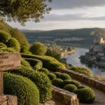 Panorama des jardins de marqueyssac, allées de buis et Dordogne