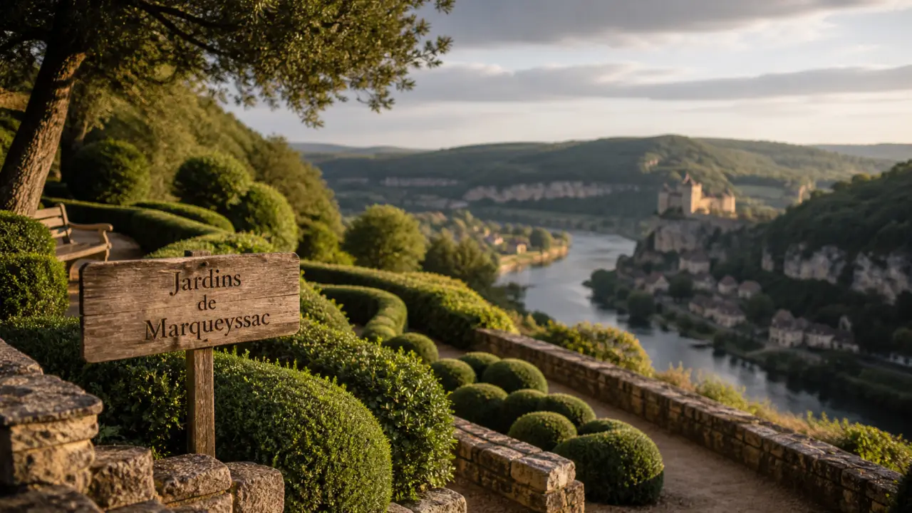 Panorama des jardins de marqueyssac, allées de buis et Dordogne