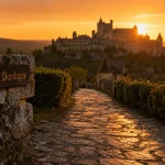 Les plus beaux châteaux de dordogne : château médiéval en Dordogne, route et buis au golden hour