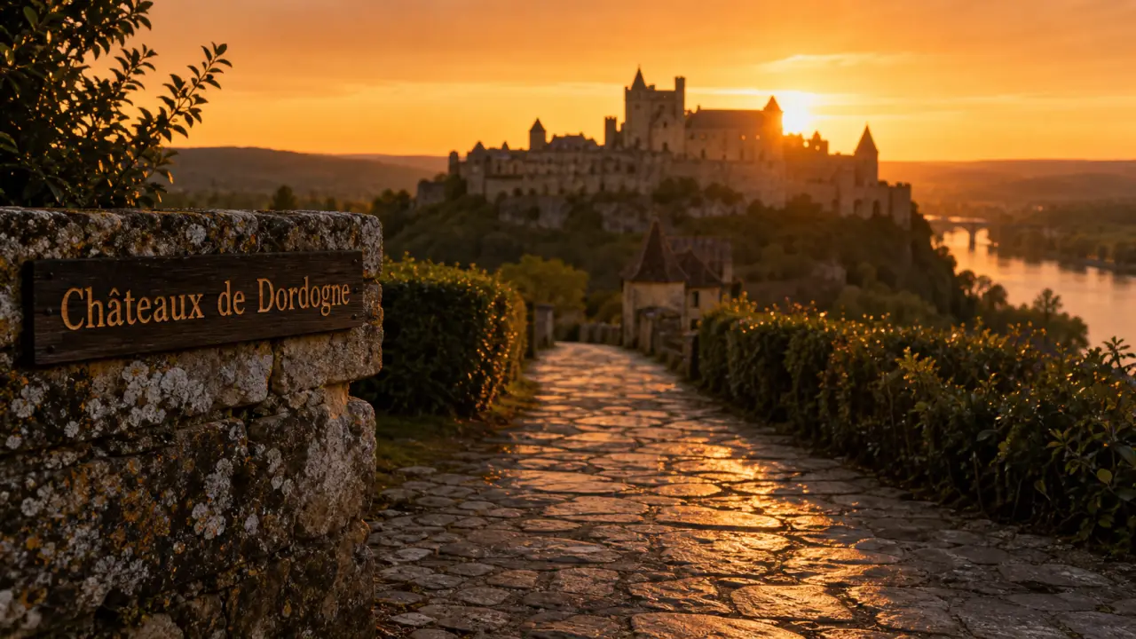 Les plus beaux châteaux de dordogne : château médiéval en Dordogne, route et buis au golden hour
