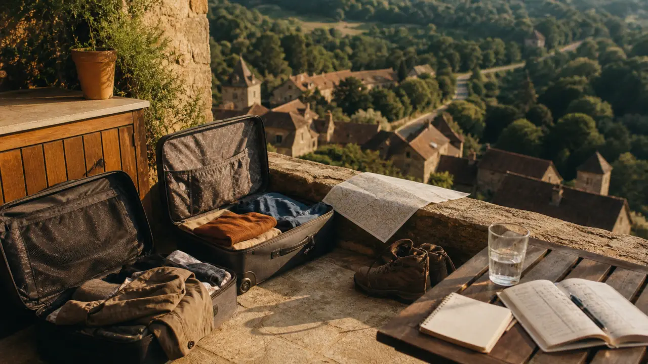 Location vacances perigord noir près des villages, valises et vue sur toits de pierre
