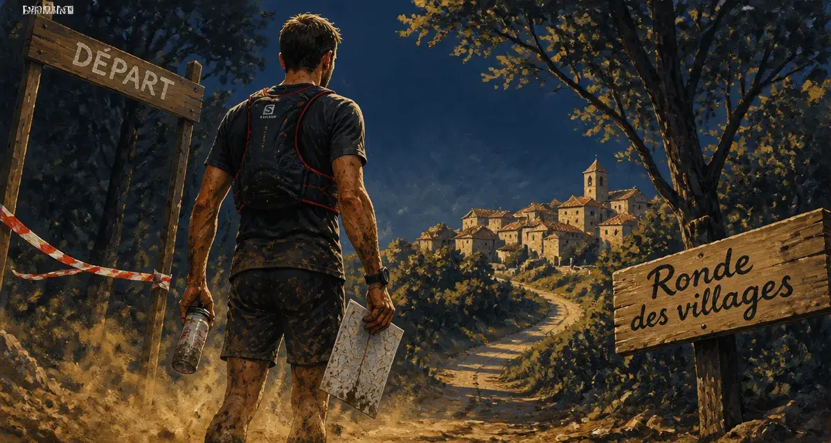 Marathon trail Perigord Noir : coureur au départ vers les villages sur chemin en terre