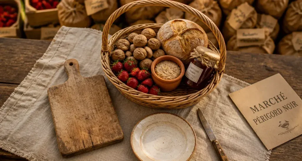 Photo marché perigord noir : panier gourmand et produits du terroir