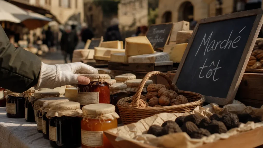 Marché perigord noir : étals en bois à Sarlat