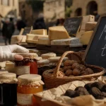 Marché perigord noir : étals en bois à Sarlat