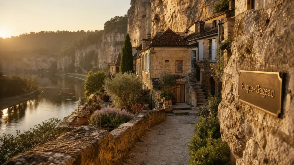 perigord noir la roque gageac au golden hour, ruelle et Dordogne