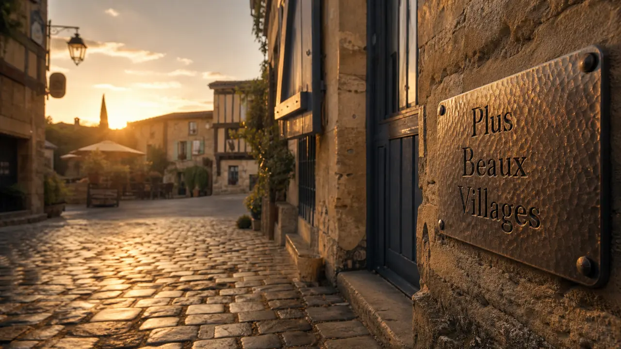 Plus beau village de France : ruelle pavée labellisée au petit matin