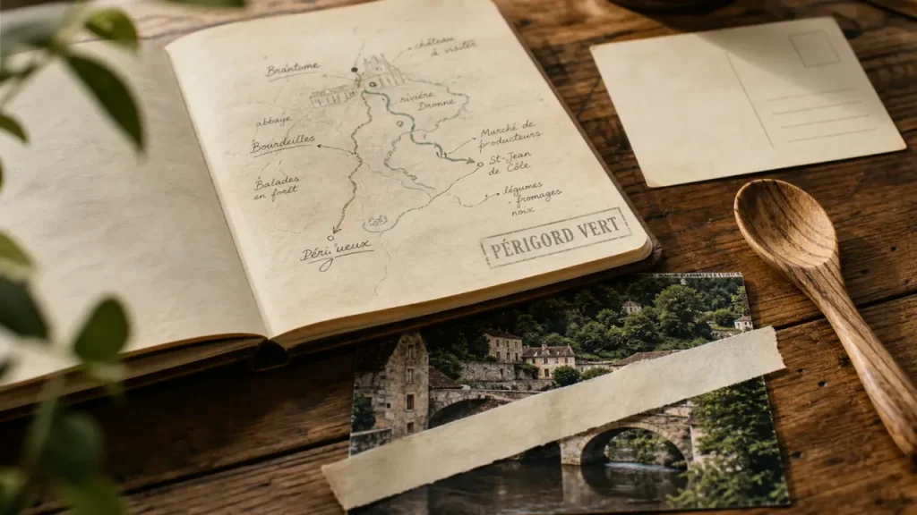Que faire périgord : carte et villages du Périgord, rivière et pont.