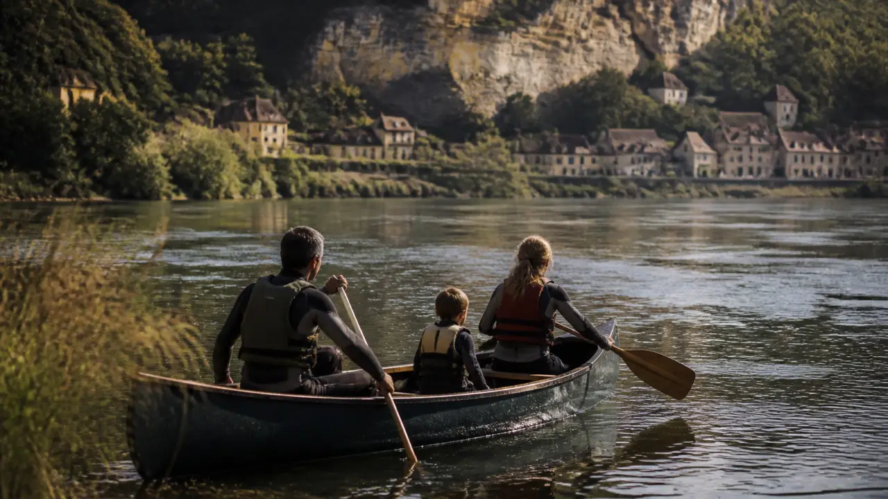 Rafting perigord noir : famille en gilets sur la Dordogne