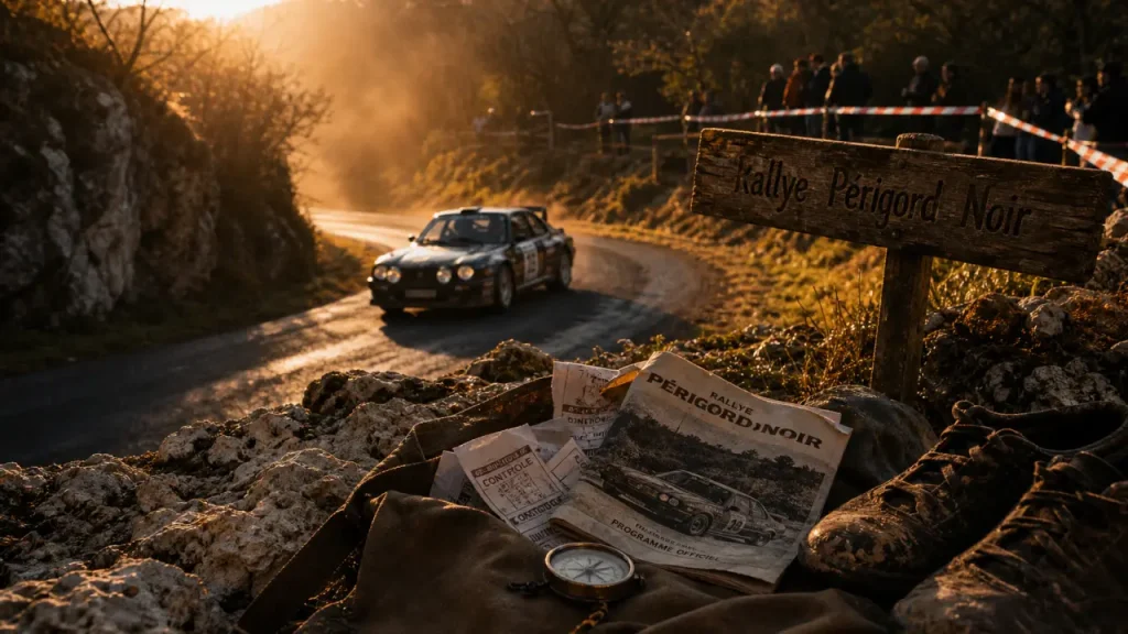 Voiture de rallye du perigord noir sur route sinueuse au matin