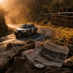 Voiture de rallye du perigord noir sur route sinueuse au matin