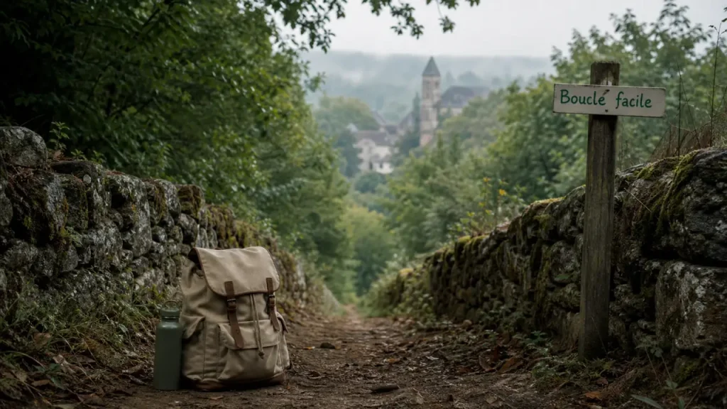 Randonnée périgord : sentier facile en Périgord, sac et gourde sur chemin