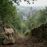Randonnée périgord : sentier facile en Périgord, sac et gourde sur chemin