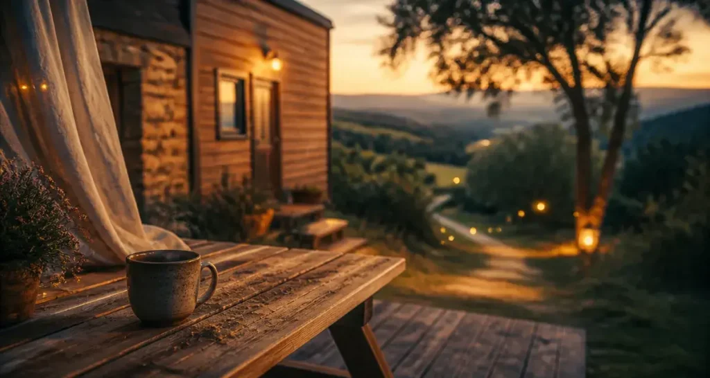 tiny house perigord noir au crépuscule, terrasse bois et nature paisible